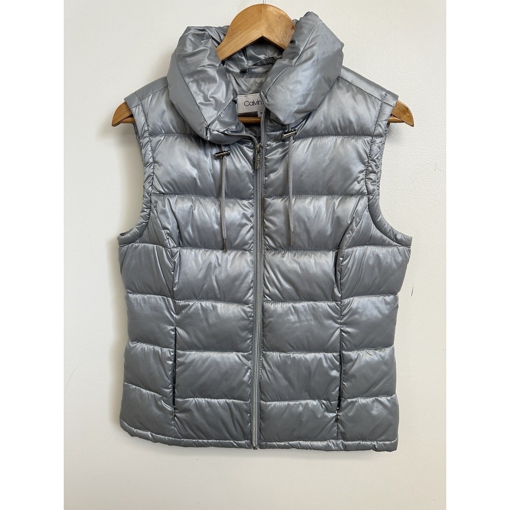 Calvin Klein Womens Medium Silver Puffer Vest Quilted Shiny Metallic Packable